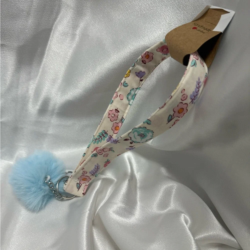 Handmade Blue and Pink Floral Wristlet Keychain with Light Blue Pompom